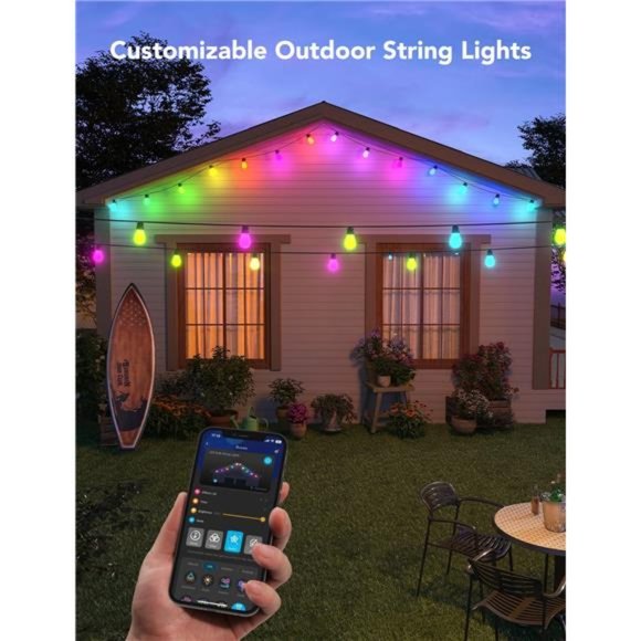Outdoor String Lights H7015 with 15Dimmable RGBIC LED Bulbs,48ft IP65 Waterproof - Picture 4 of 6